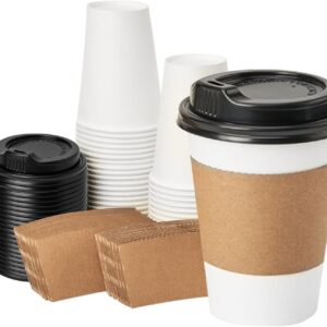 RACETOP 12 oz 50 pack Disposable Paper Coffee Cups with Lids and Sleeves
