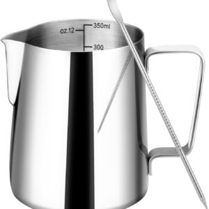Milk Frothing Pitcher, 12oz Milk Frother Cup with Clear Scale, 304 Stainless Steel Cappuccino Espresso Machine Accessories for Barista Coffee Bar with Latte Art Pen, Silver