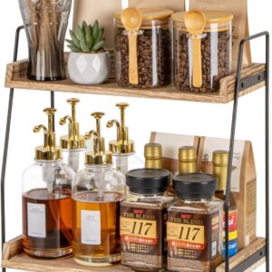 Countertop Coffee Station Organizer, 2 Tier Wooden Shelf for Coffee Bar Accessories, Condiment Storage Caddy for Kitchen, Home, Office - Brown