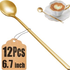 12 Pcs Coffee Spoons Set, 6.7" Gold Tea Spoons Long Handle, Gold Small Teaspoons, Stainless Steel Espresso Spoon, Long Spoon for Stirring, Coffee Bar Accessories
